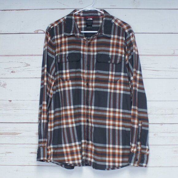 The North Face Grey Orange Flannel Plaid Button Down Shirt Men's Large - Picture 2 of 9